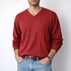 Tehama Men's‎ Brick Red Cable Knit Sweater Cotton Cashmere Size L